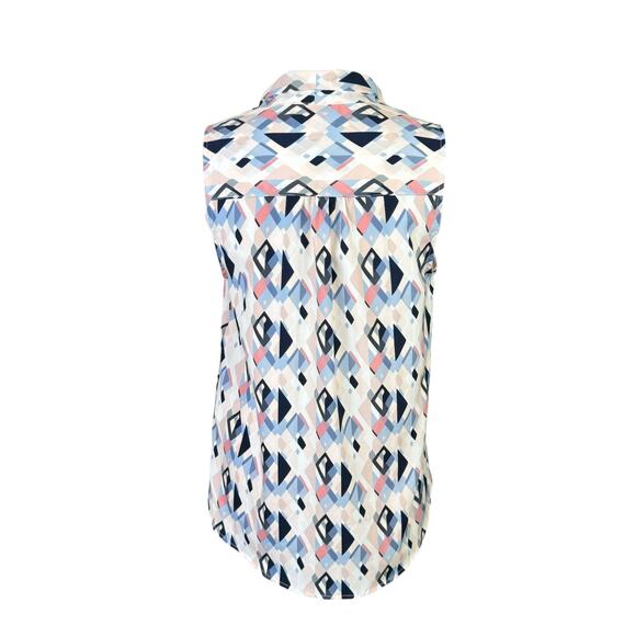 Rachel Zoe Geometric Print Pastel Colorful Tie Neck Sleeveless Blouse - Picture 3 of 11